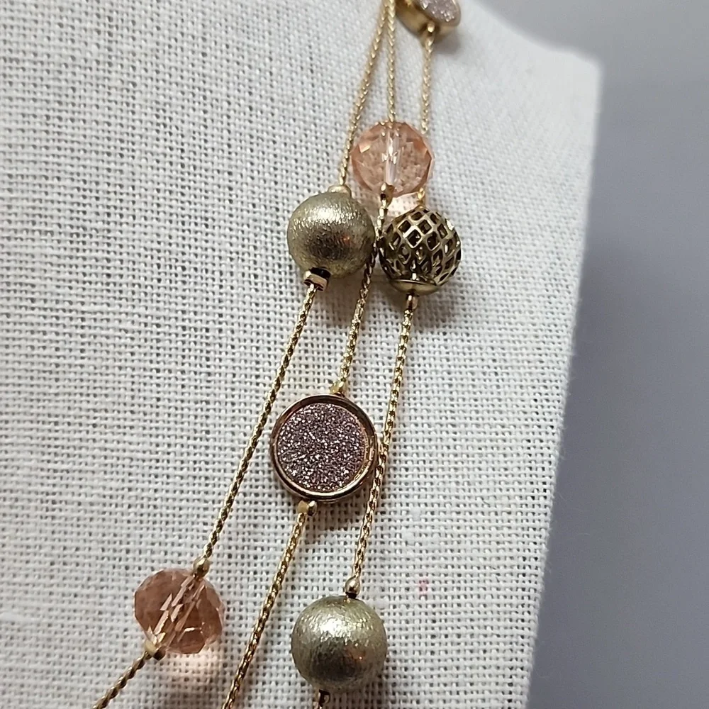 Three Strand Station Bead Ball Crystal Faux Pave Necklace - Picture 6 of 8